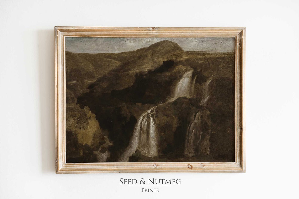 Moody Waterfall Dark Cliffs Muted Vintage Cascade Landscape Poster