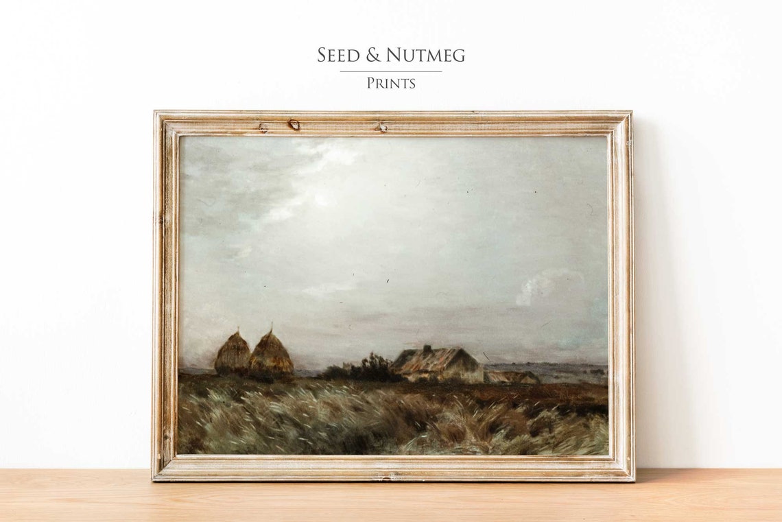 Rustic Windy Meadow With Haystacks And Cottage Vintage Art Poster