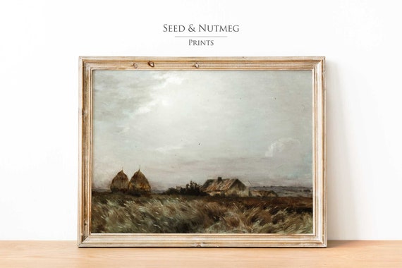 Windy Field Vintage Cottage Wall Art Print Muted Neutral Meadow Oil Painting 70