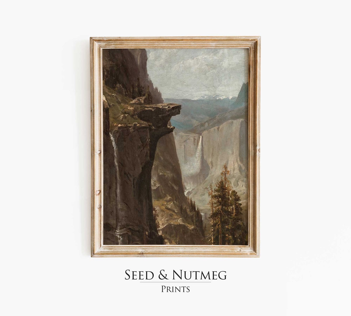Moody Vintage Waterfall Yosemite Wall Art Print Muted Neutral Forest Mountains 25