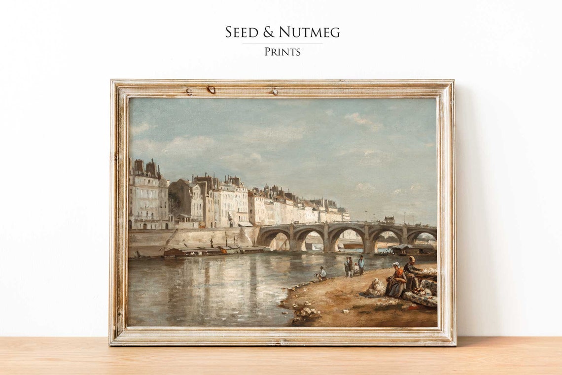 Paris River Cityscape Stone Bridge Vintage Neutral Landscape Poster