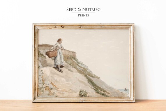 Girl Basket Climbing Coastal Cliff Vintage Watercolor Seascape Poster