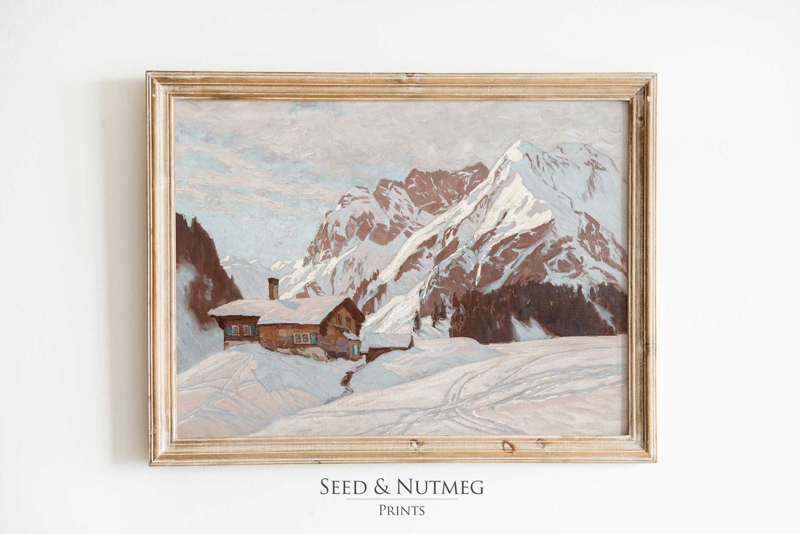 Cozy Winter Cabin In Snowy Alpine Peaks Vintage Painting Poster
