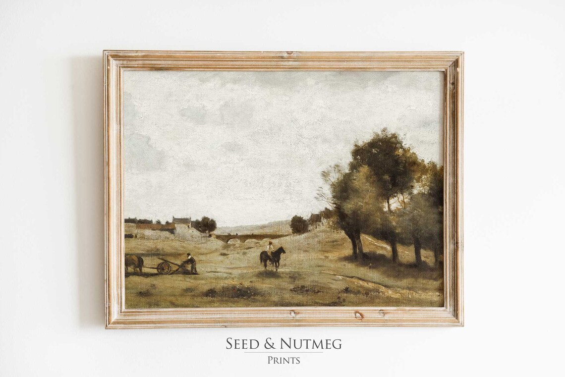 Rustic European Farm Scene Horses Plowing Vintage Countryside Poster