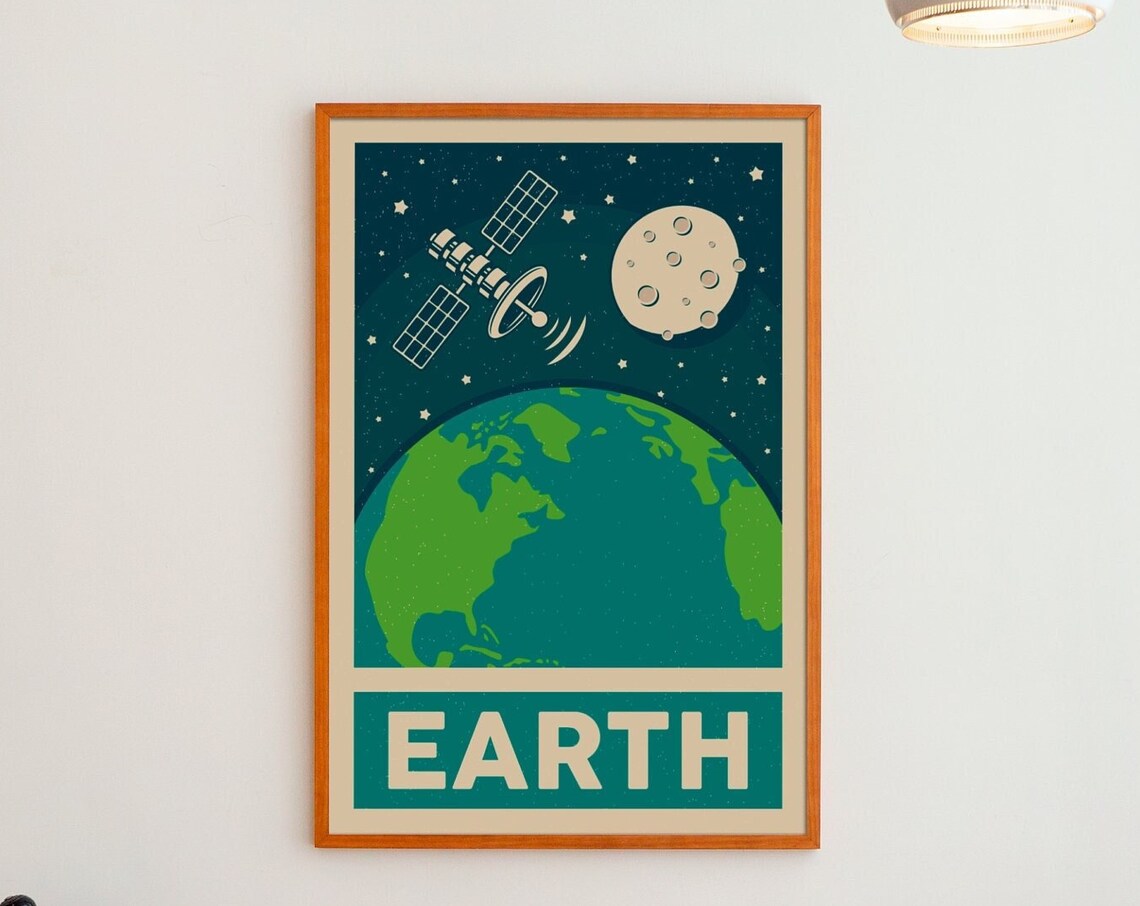 Retro Space Earth, Satellite Moon Poster Print