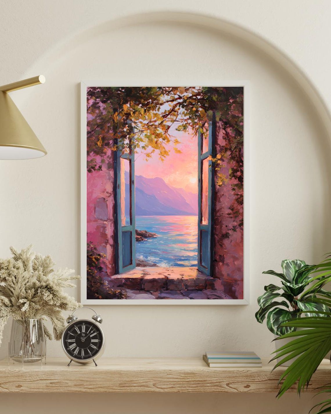 Mediterranean Sunset Print Lemon Tree Window Coastal Mountain View