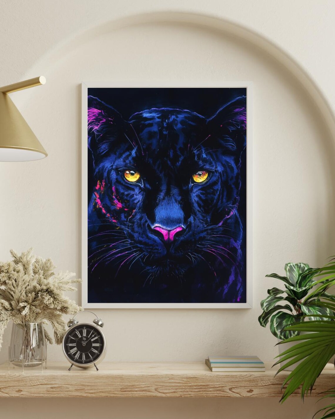 Neon Black Panther Portrait Print Blue Pink Jungle Cat Fierce Decor