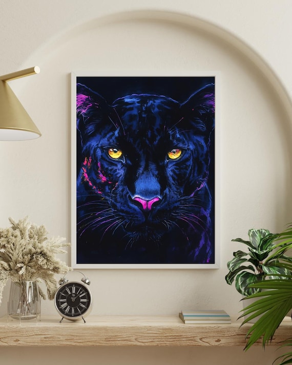 Neon Black Panther Portrait Print Blue Pink Jungle Cat Fierce Decor