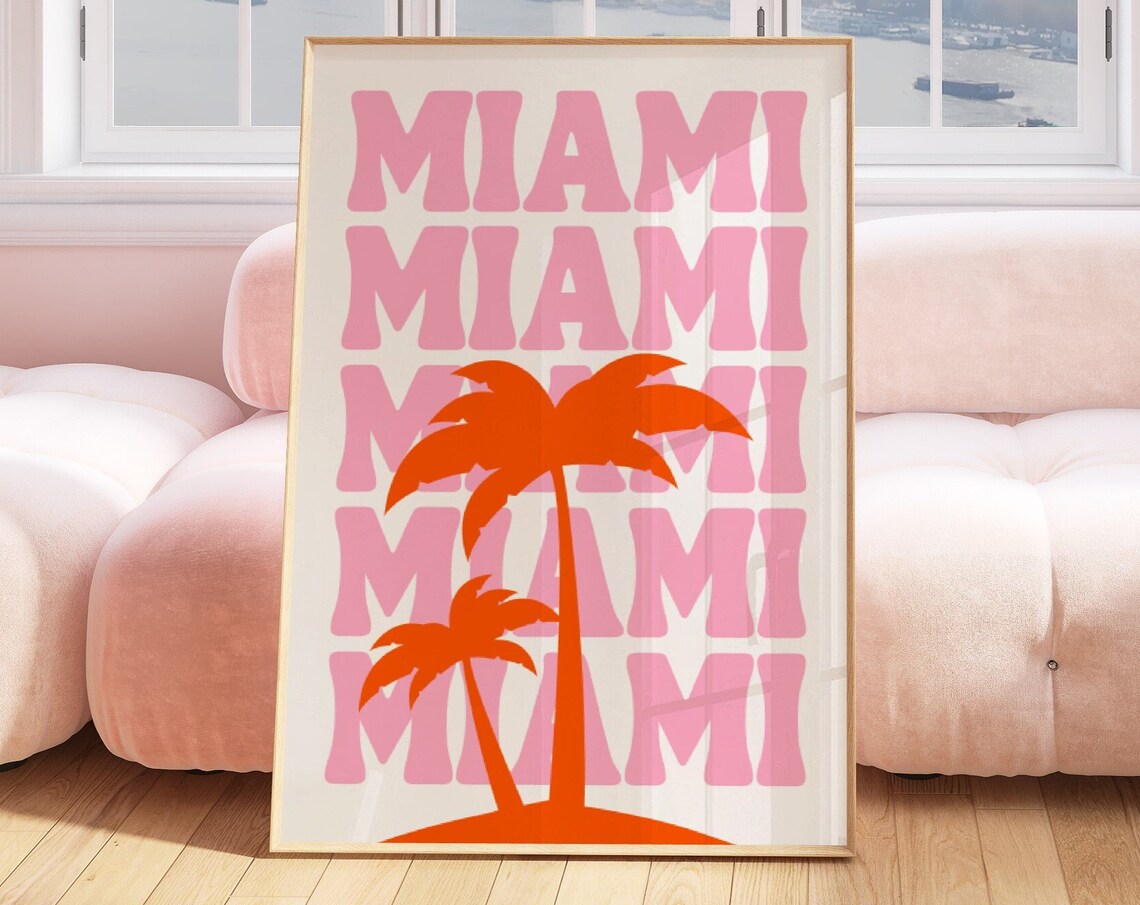 Miami Retro Pink Typography Palm Tree Florida Beach Travel Poster