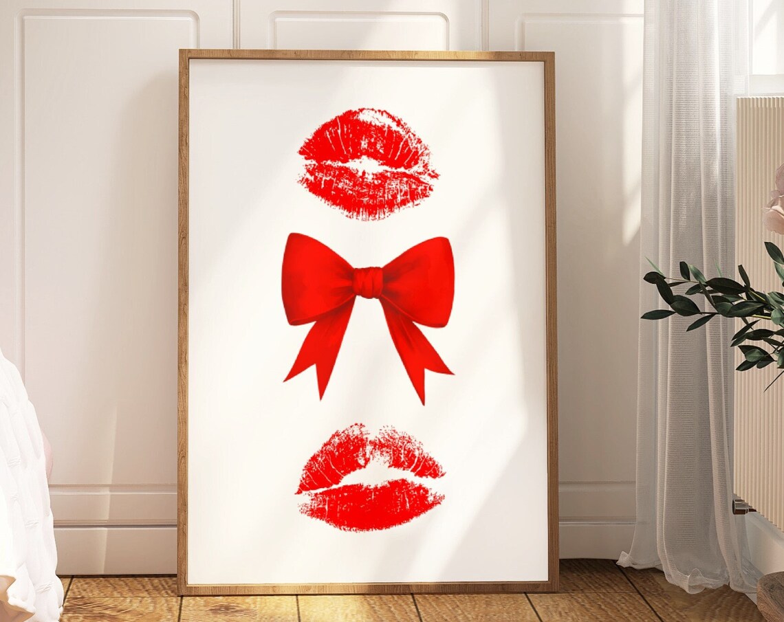 Red Lipstick Kiss Marks With Big Red Bow Coquette Decor Poster