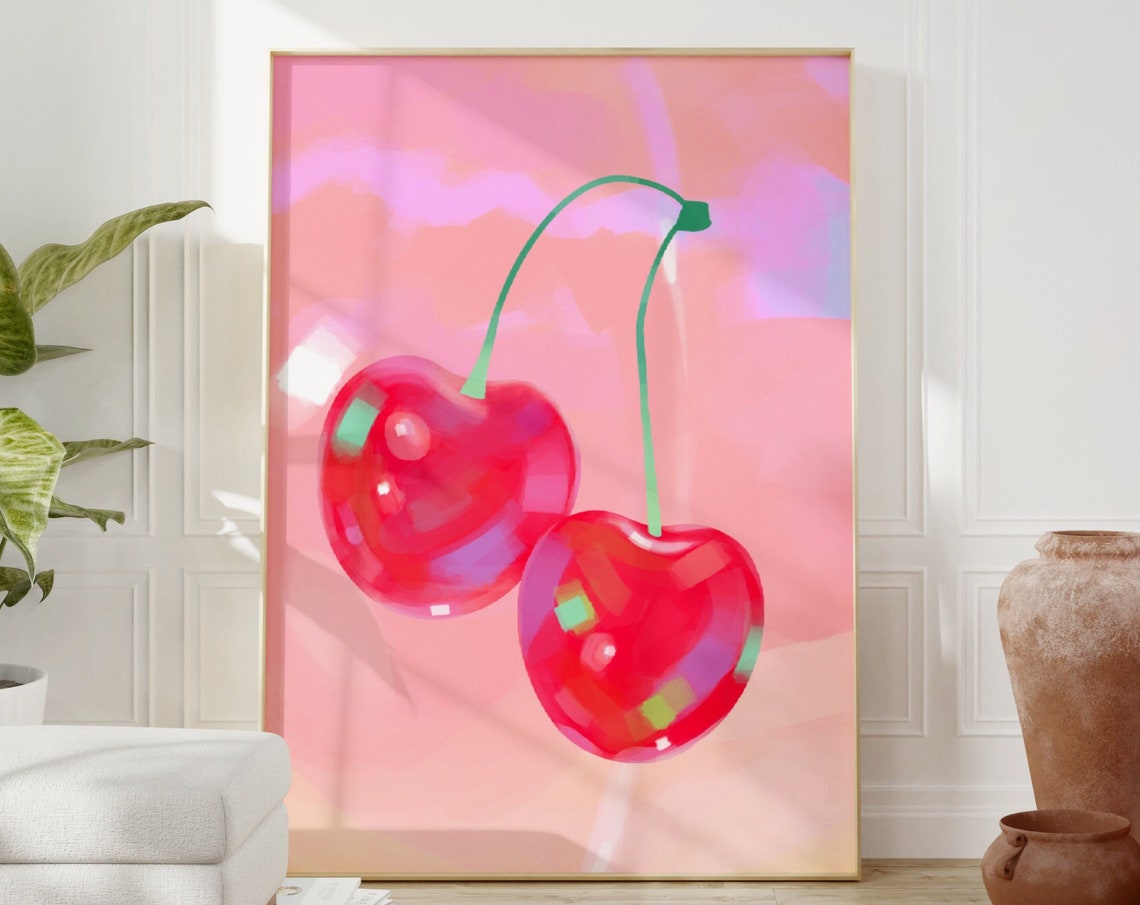 Glossy Red Cherry Pair Y2K Maximalist Fruit Kitchen Art Poster - Image 3