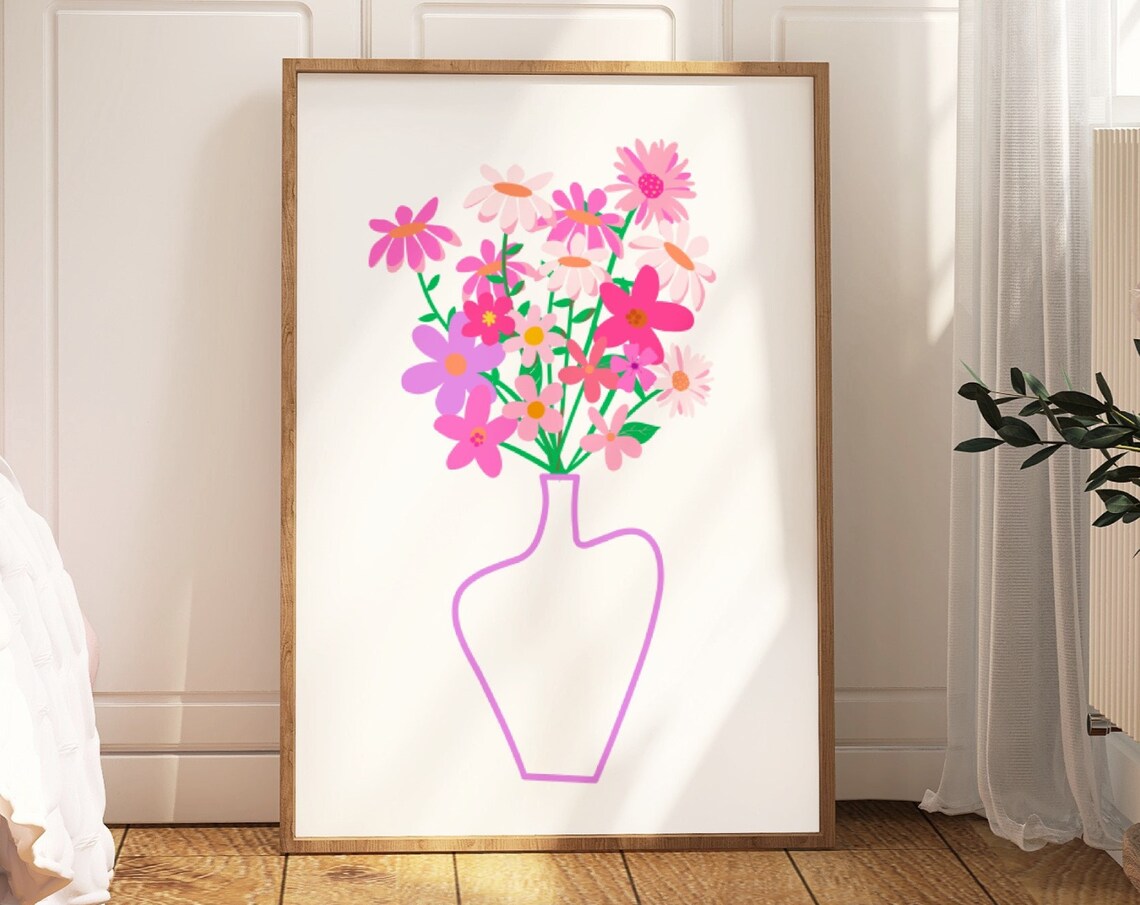 Pink Flower Bouquet Vase Line Art Dopamine Floral Wall Poster - Image 5