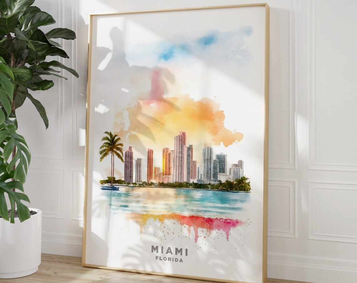 Miami Florida Watercolor Skyline Palm Travel Souvenir Art Print - Image 3