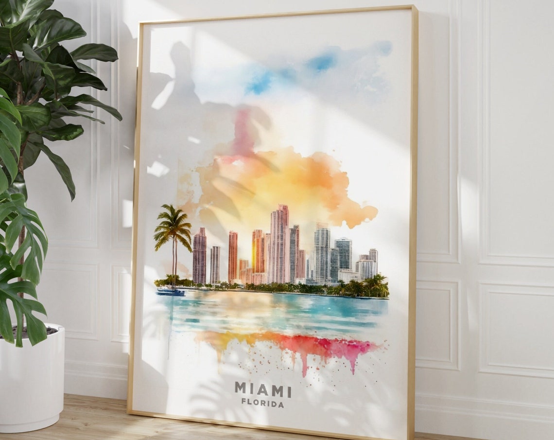 Miami Travel Print Art Pink Blue Miami Travel Watercolor Print Trendy Wall Print Miami Poster Travel Posters Usa - Image 3