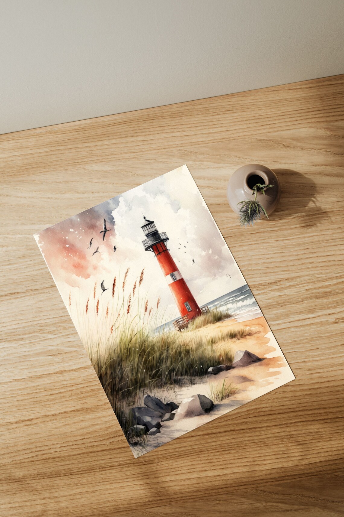 Red Lighthouse Watercolor Poster, Coastal Landscape