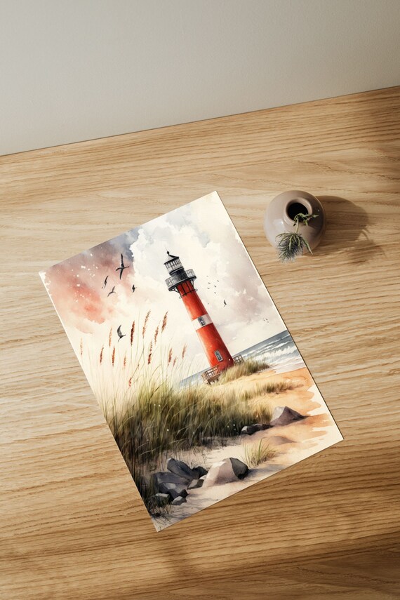 Red Lighthouse Watercolor Poster, Coastal Landscape