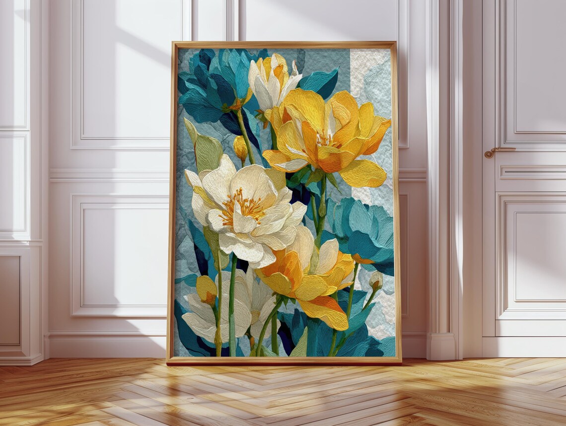 Yellow White Teal Floral Impasto Painting Vintage Botanical Wall Art