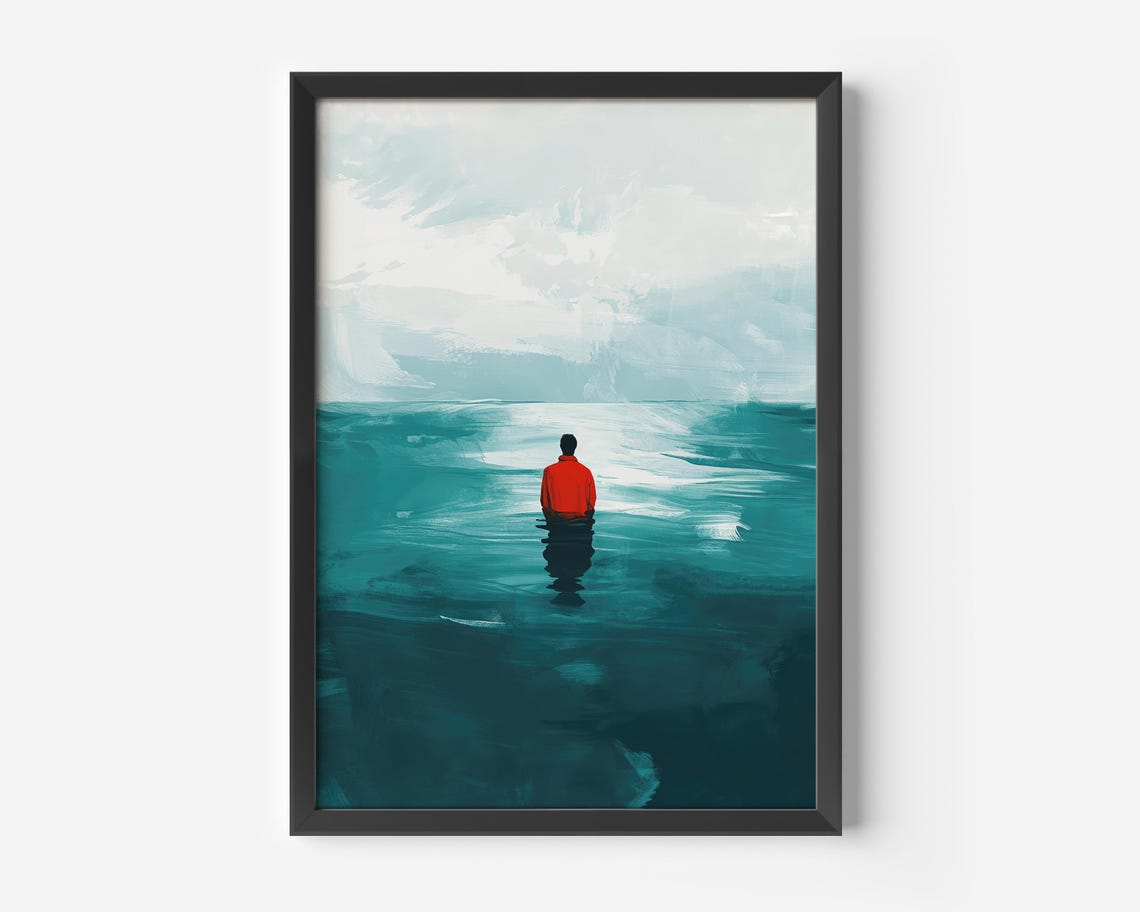 Minimalist Ocean Solitude Figure Abstract Teal Water Wall Poster