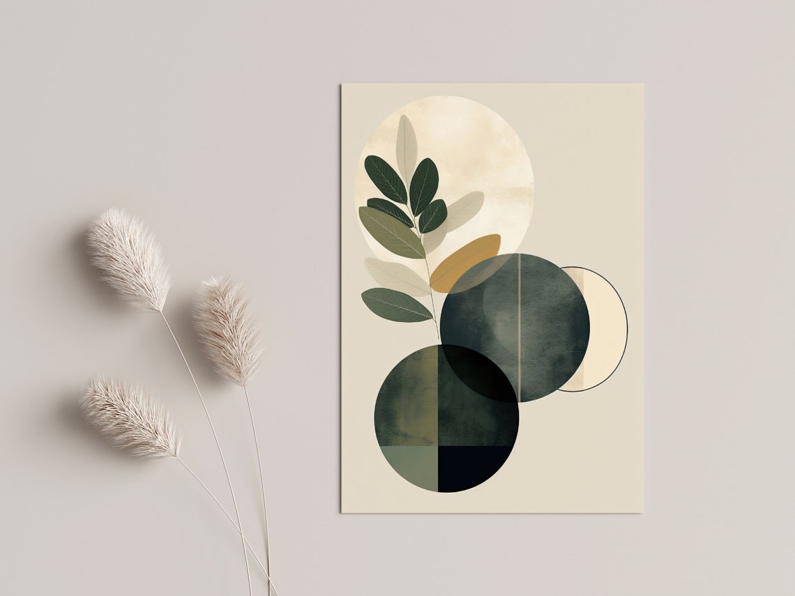 Moon Circles Botanical Leaf Beige Modern Abstract Botanical Print