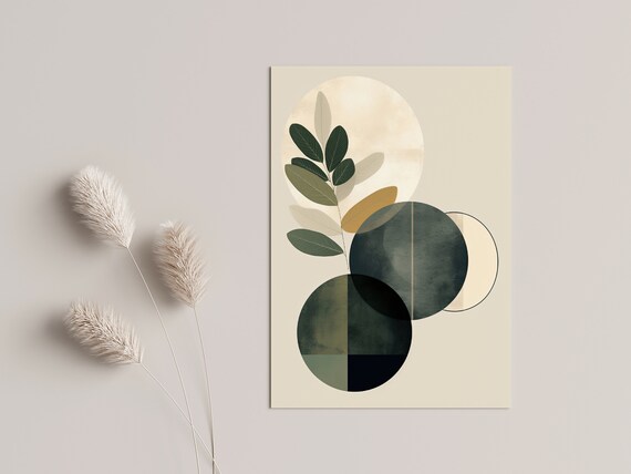 Mooninspired Circles With Plant Motif Wall Decoration Modern Circle Design Poster In Beige Green And Grey Decorative Art For The Home