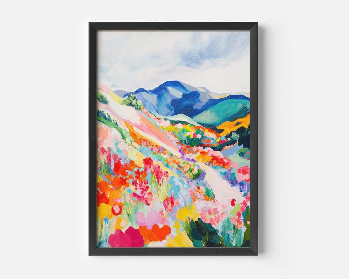 Vibrant Colorful Mountain Meadow Bursting with Wildflowers Poster