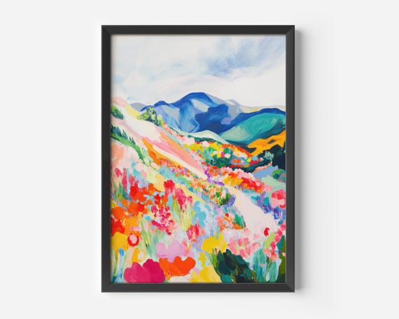 Abstract Mountain Landscape Bright Colorful Flower Meadow Art Fresh Nature Modern Mural Hallway Living Room Office Wall Decoration