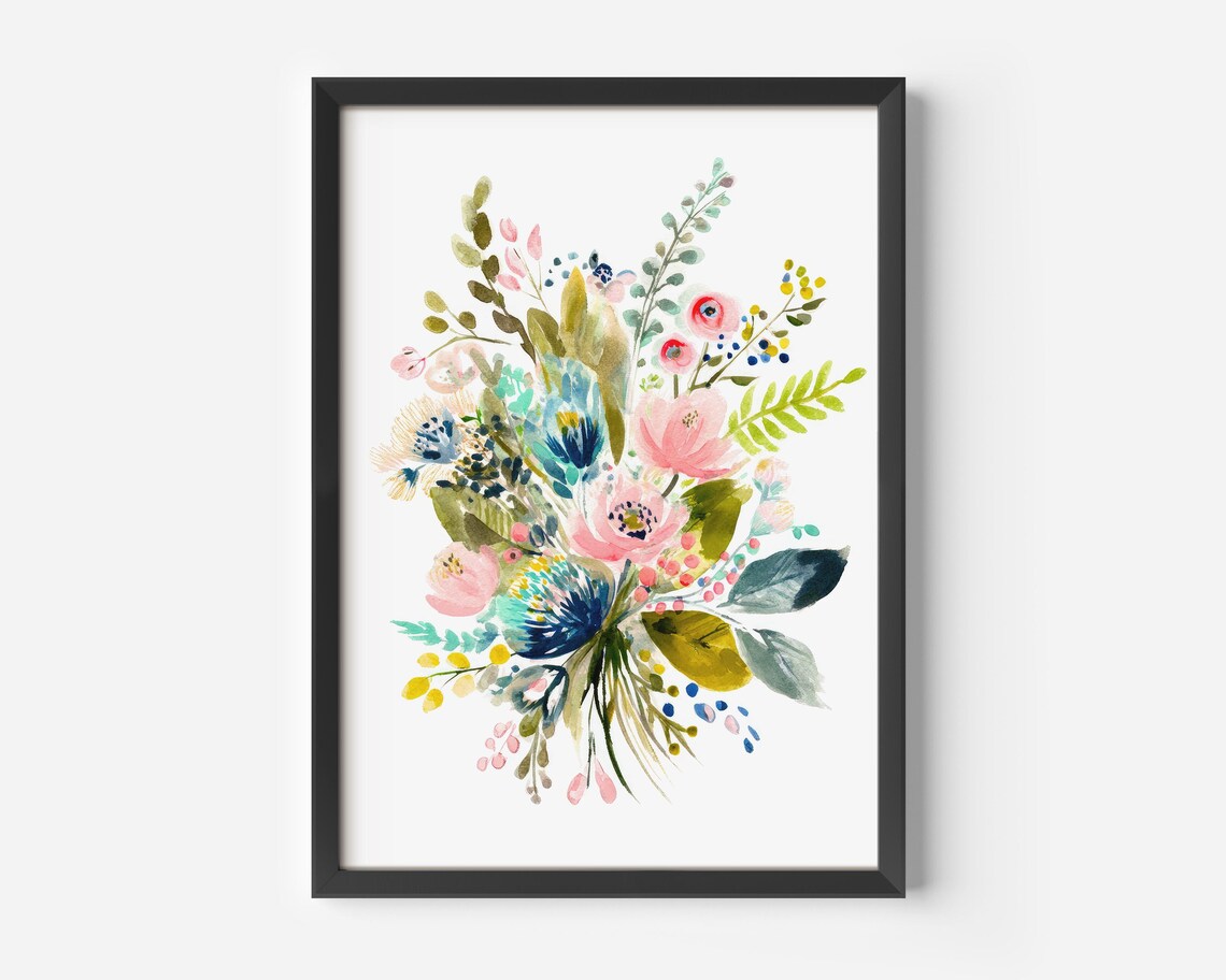 Colorful Watercolor Floral Bouquet Spring Blooms Bedroom Art Print