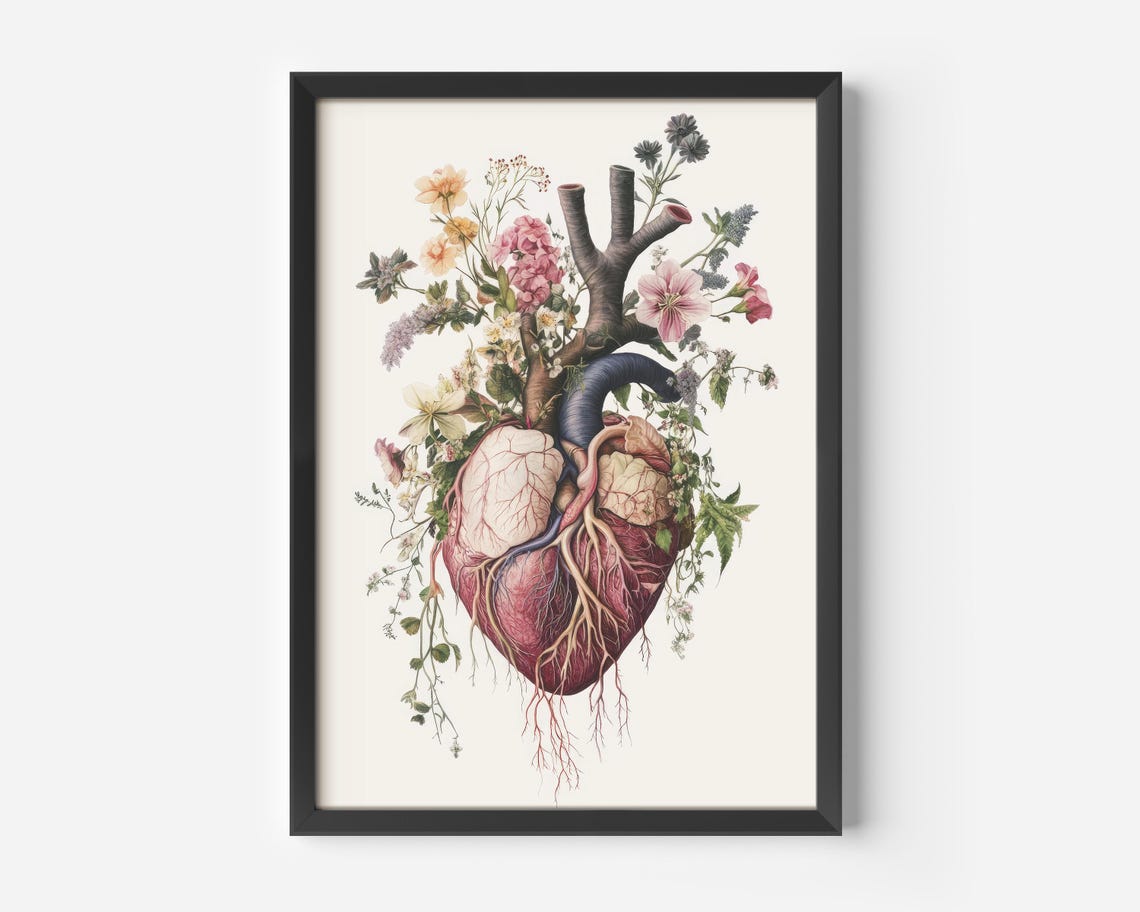 Blooming Anatomical Heart Floral Watercolor Medical Art Poster