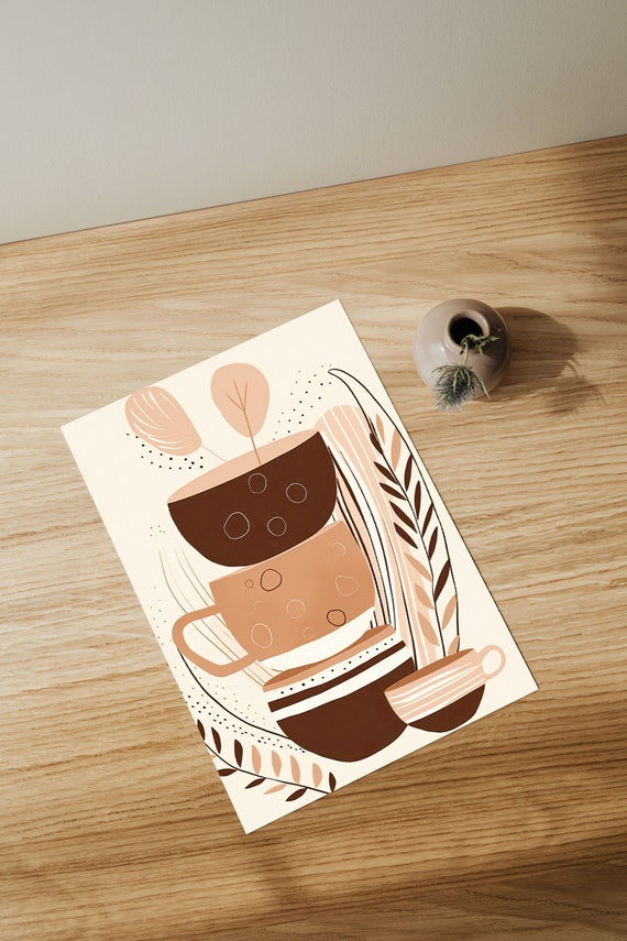 Boho Kitchen Coffee Bar Decor Abstract Mugs Art Print Brown Beige Minimalist Illustration Scandi Wall Dining Room Modern