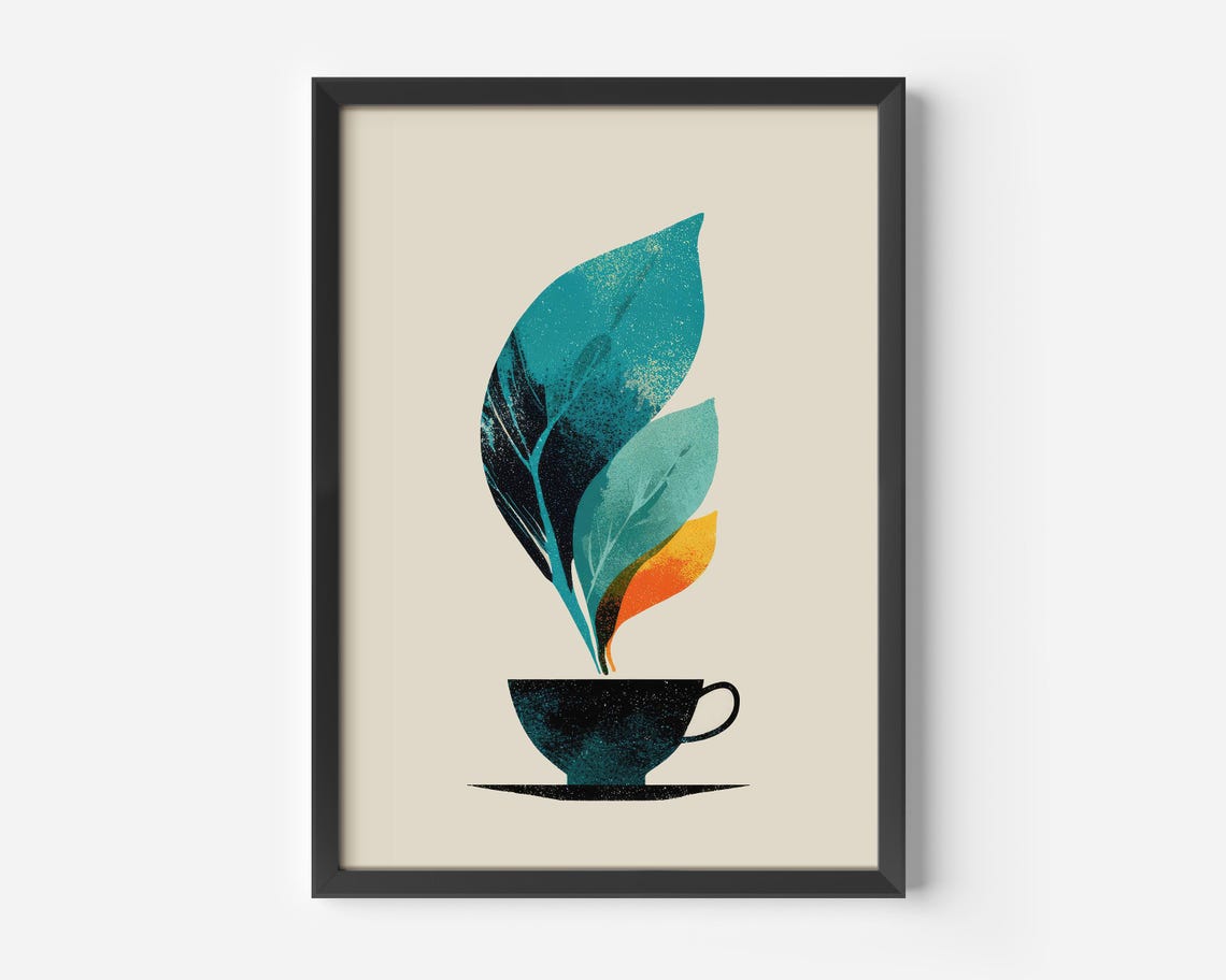 Abstract Coffee Cup With Leaf Steam Modern Botanical Art Print Decor