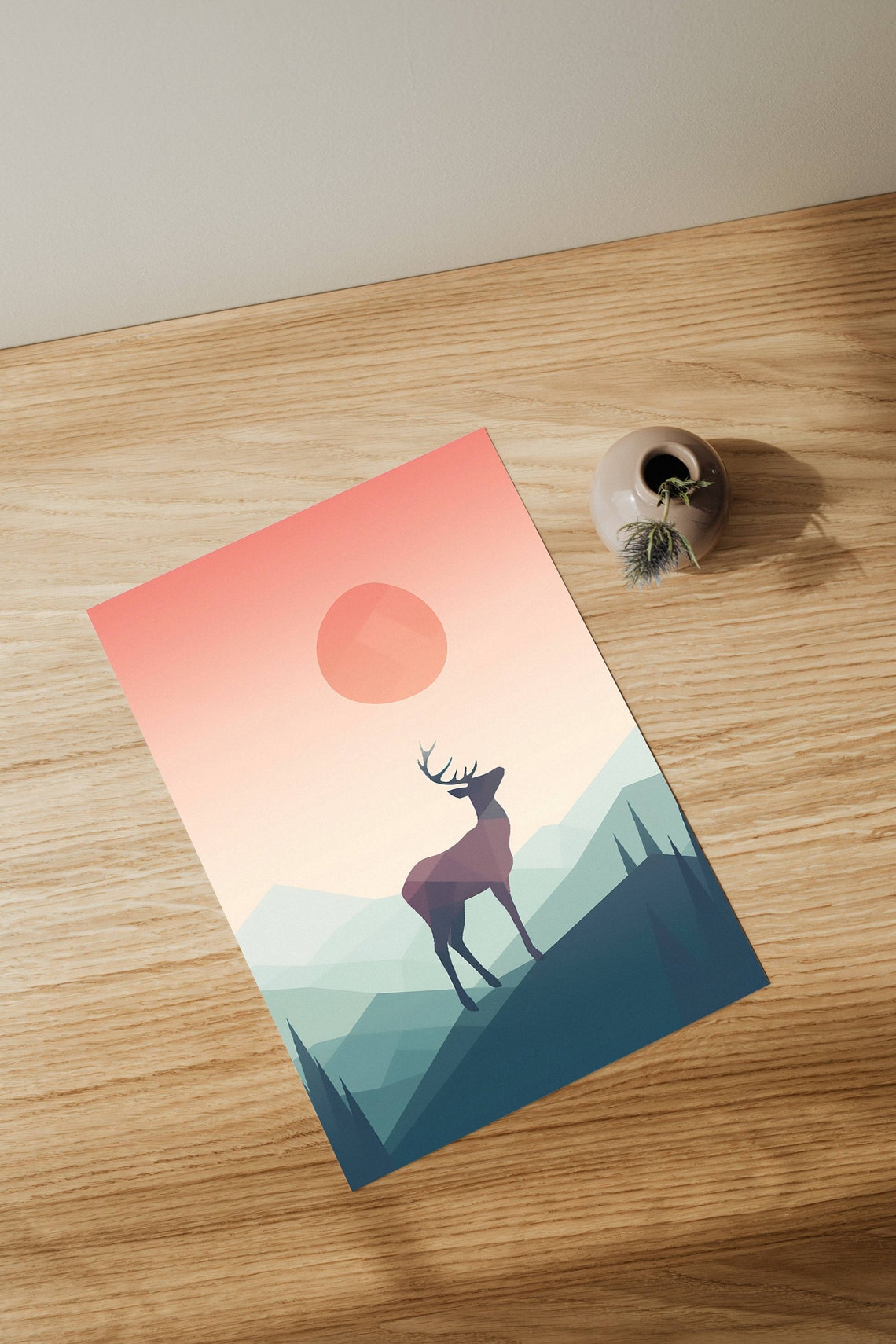 Geometric Deer at Sunrise Over a Mountain Silhouette Art Poster