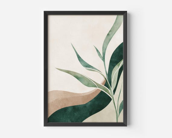 Modern Living Room Wall Decor Minimalist Plant Illustration Green Beige Abstract Nature Art Poster Elegant Scandi Prints