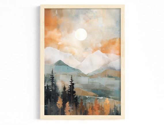 Abstract Pastel Mountain Moon Forest Modern Nature Scandi Wall Art