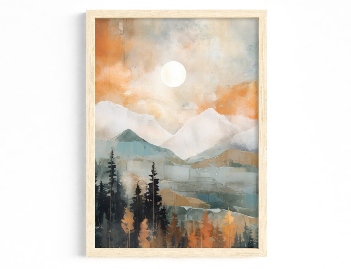 Abstract Pastel Mountain Moon Forest Modern Nature Scandi Wall Art