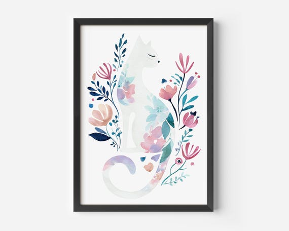 Minimalist Watercolor Poster For The Living Area Floral Cat Illustration Soft Colors Print Room Decor Vintage