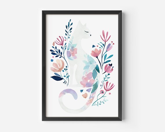 White Watercolor Cat Silhouette Pink Blue Floral Wreath Art Poster