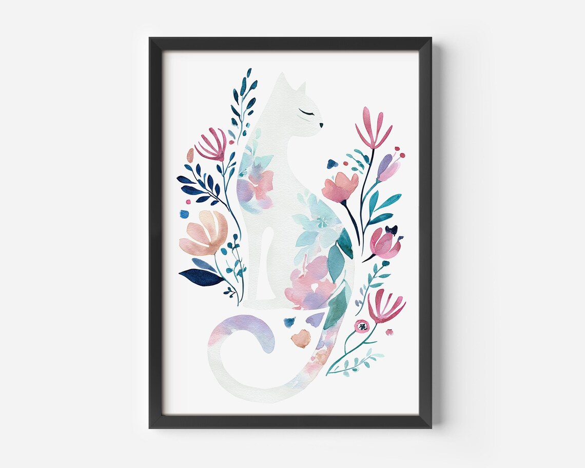 White Watercolor Cat Silhouette Pink Blue Floral Wreath Art Poster
