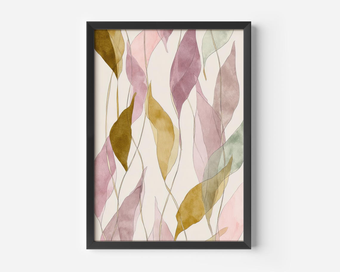 Elegant Soft Pastel Botanical Leaves Watercolor Abstract Wall Art