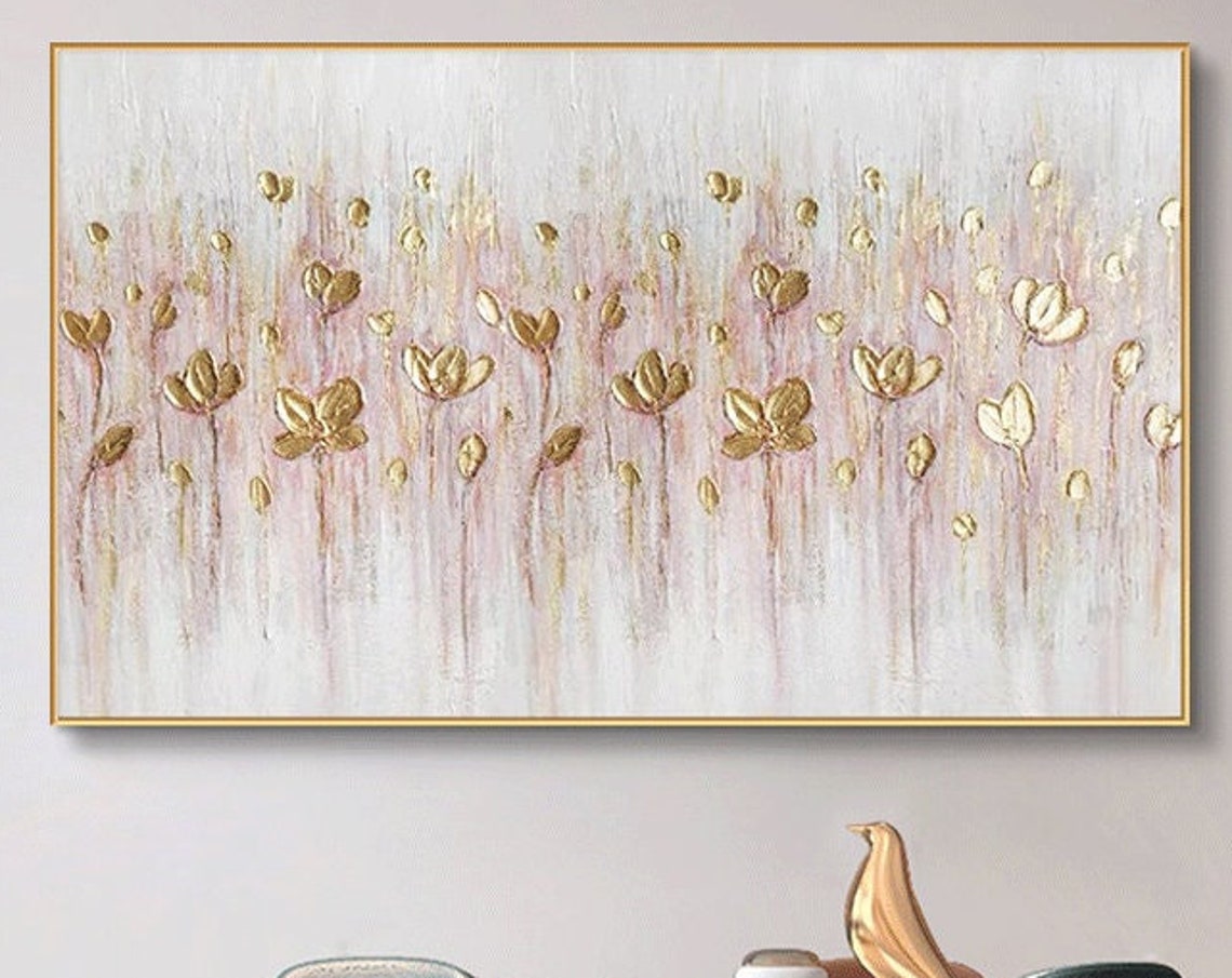 Gold Leaf Blossom Floral Oil Painting On Gold Flower Art Hand Painted Texture Painting Palette Knife Painting Living Room Wall Art - Image 3