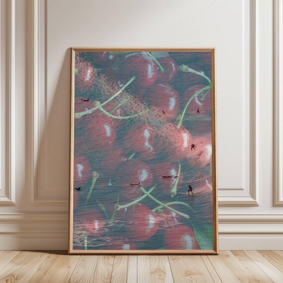 Fun Cherry Surf Double Exposure Retro Y2K Pop Art Wall Poster
