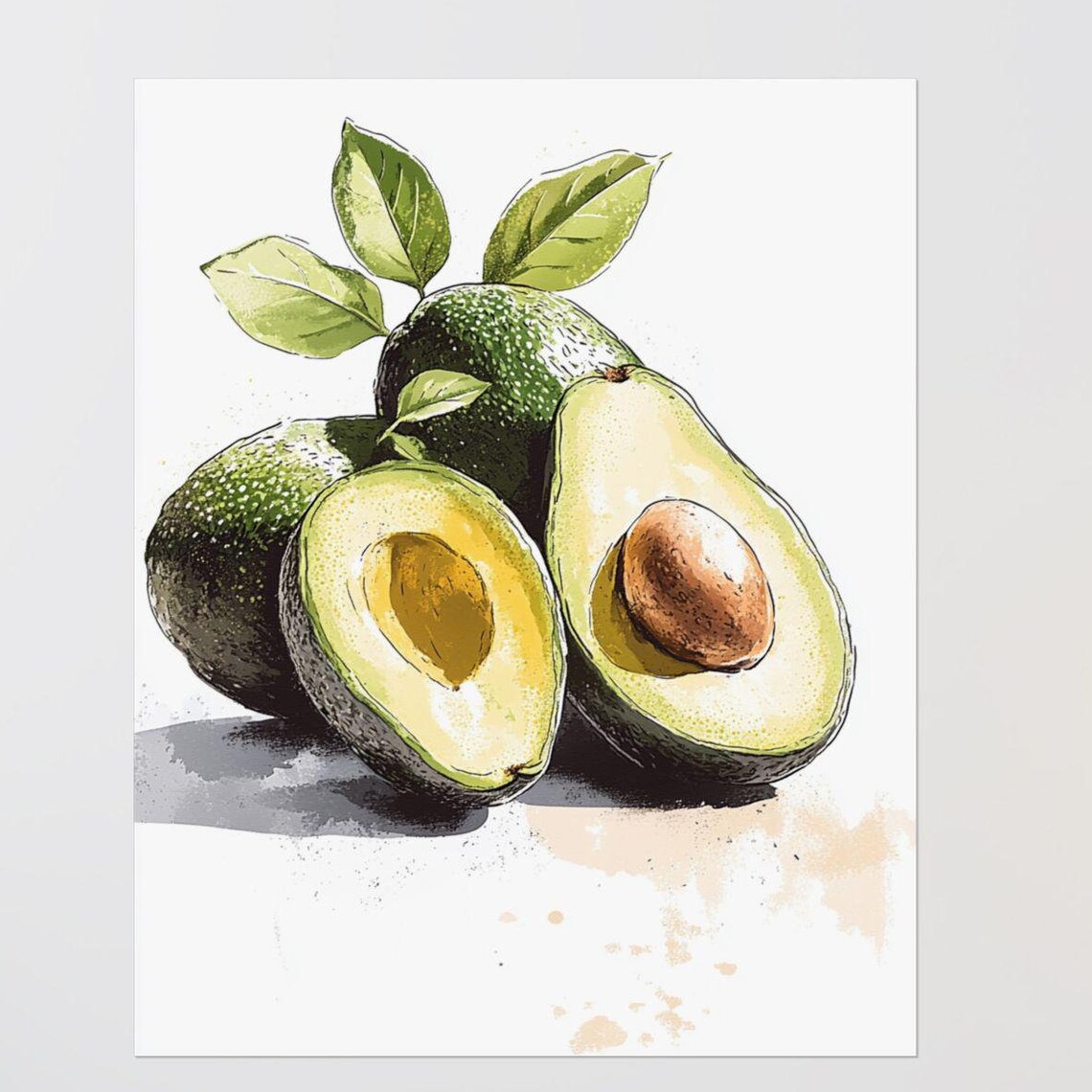 Avocado Halves With Large Pit Watercolor Kitchen Food Poster