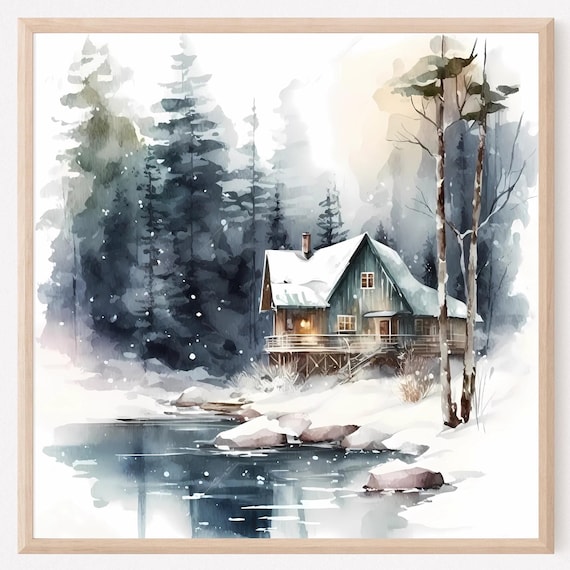 Winter Forest Cabin By Lake Snowy Pines Watercolor Landscape Poster