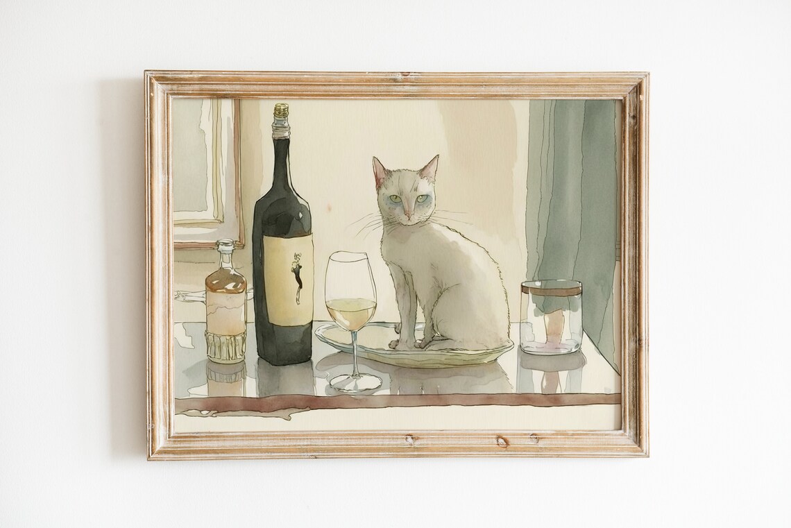 Cat Painting, Maximalist Retro Apartment Art Print