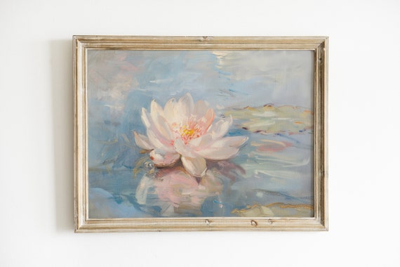 Vintage Pond Painting, Pastel Floral Art Print