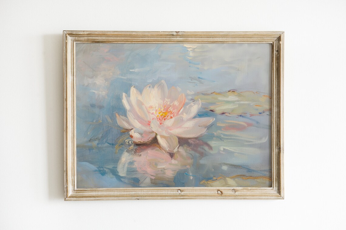 Vintage Pond Painting, Pastel Floral Art Print