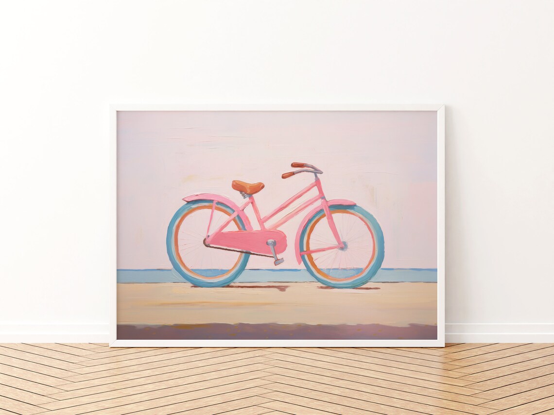 Pastel Pink Bicycle Painting By The Sea Beach Bike Artwork Print - Image 3
