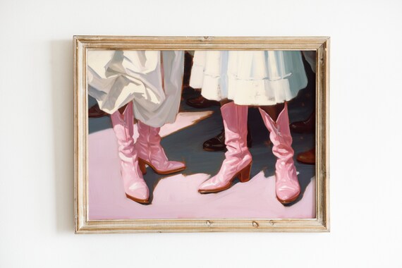 Pink Cowgirl Boot Art Print, Cute Western Decor