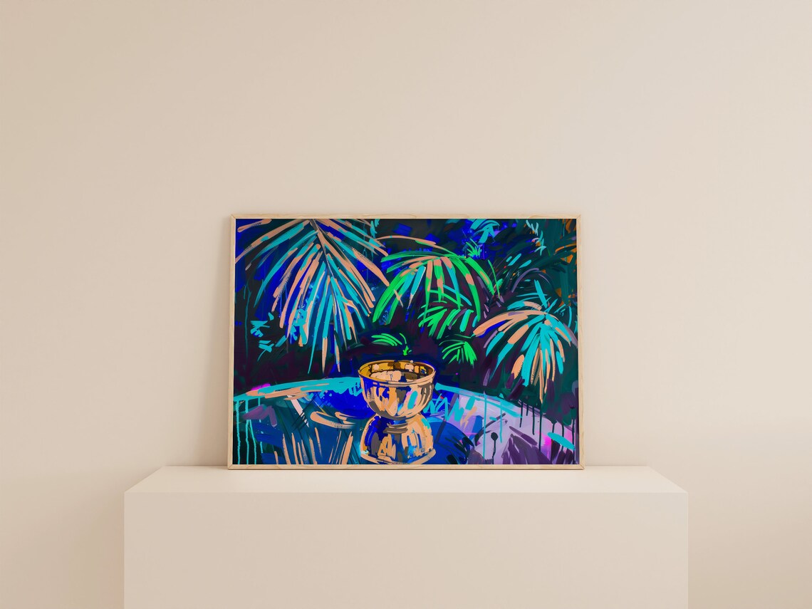 Neon Palm Fronds Midnight Blue Gold Bowl Tropical Still Life Print - Image 2