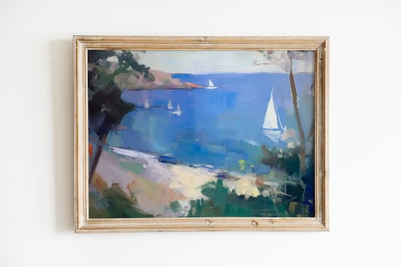 Blue Seascape Print, Soft Aesthetic Coastal Decor