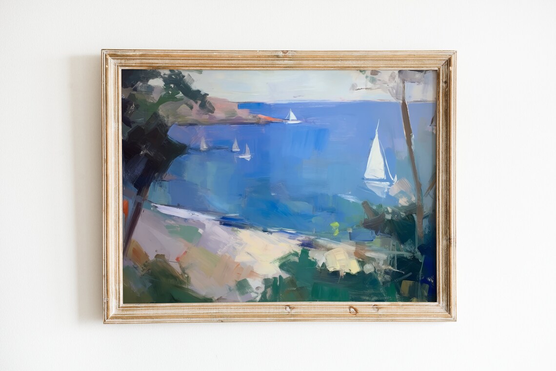 Blue Seascape Print, Soft Aesthetic Coastal Decor